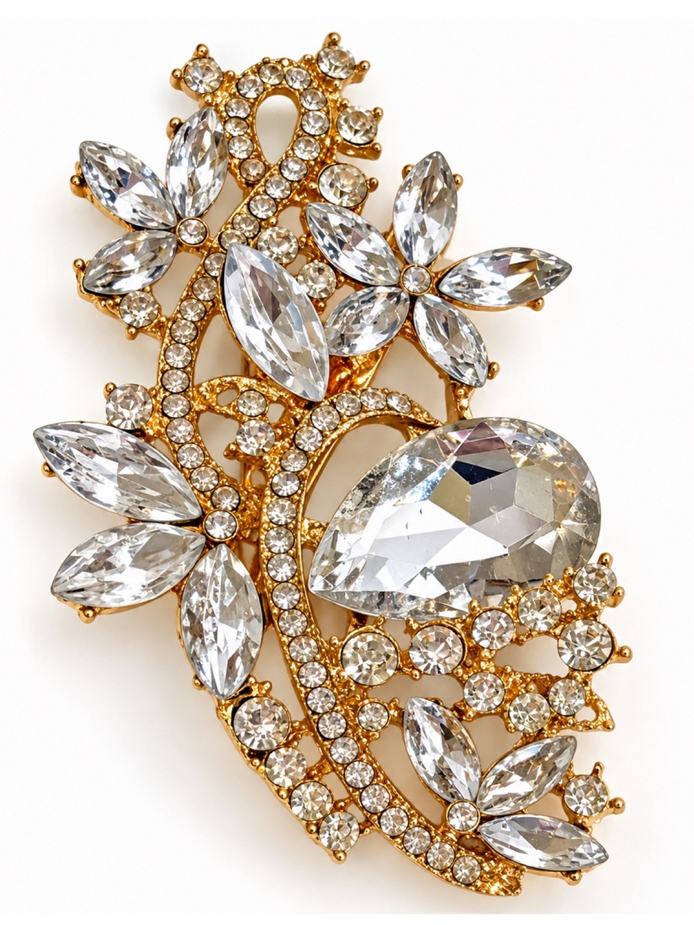 Large Gold Tone Clear Rhinestone Floral Statement Brooch Pin Vintage Style 3”